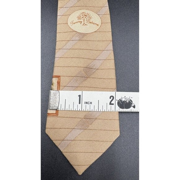 TOMMY BAHAMA Tie Men's 100% Silk Brown Green Strips Palm Trees Windy GUC - Picture 9 of 9